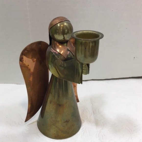 Brass Copper Angel Single Candle Holder Christmas 6" Vintage - Picture 1 of 14